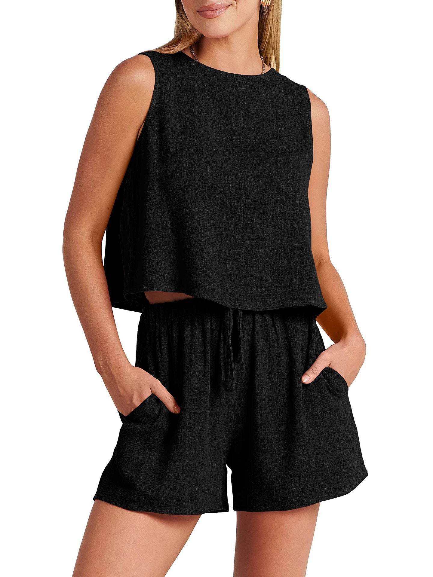 Women's Casual Sleeveless Loose Cotton Linen Shorts Two-piece Suit - MYLUXURY LANE ENTERPRISE