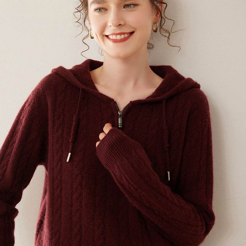 Cashmere Sweater Women's Hooded Twist Half-open Collar Sweater - MYLUXURY LANE ENTERPRISE