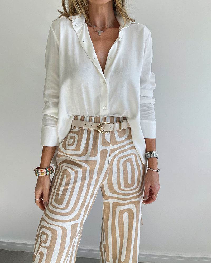 Women's Casual Long-sleeved Lapel Shirt Printed Wide-leg Pants Suit - MYLUXURY LANE ENTERPRISE