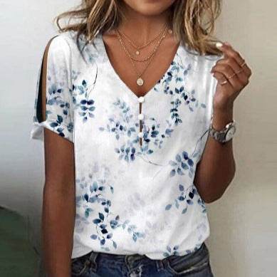 Flower Series 3D Printed V-neck Button T-shirt Top - MYLUXURY LANE ENTERPRISE