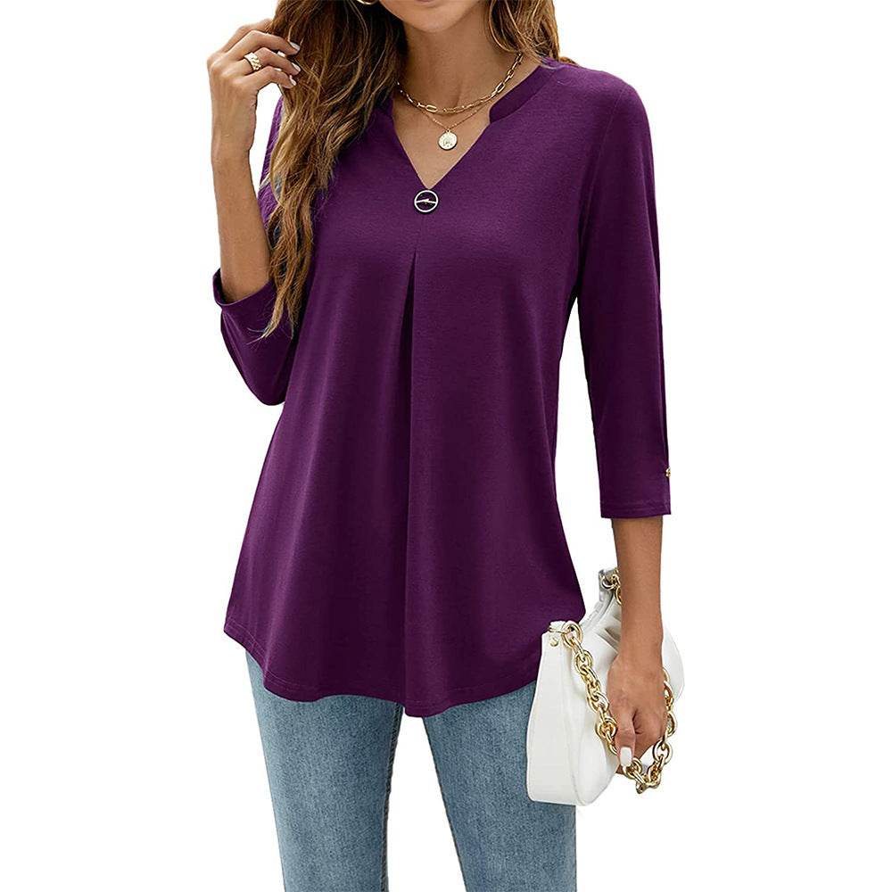 Women's V-neck Clinch Pleated T-shirt Top - MYLUXURY LANE ENTERPRISE