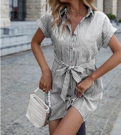 New Casual Striped Short Sleeve Button Down Belt Shirt Dress - MYLUXURY LANE ENTERPRISE