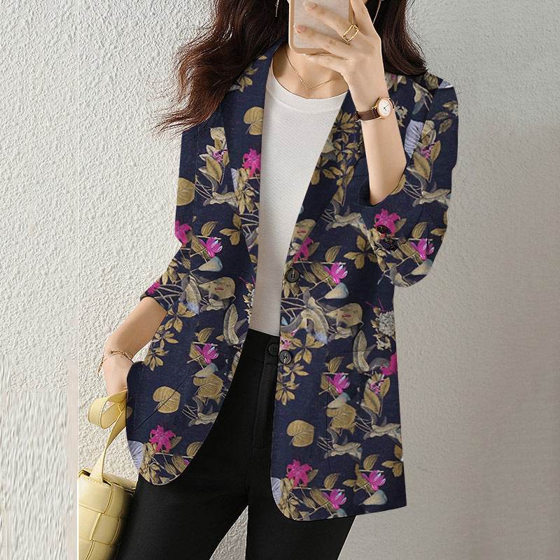 Women's Button Printed Long-sleeved Pocket Vintage Cotton And Linen Blazer - MYLUXURY LANE ENTERPRISE