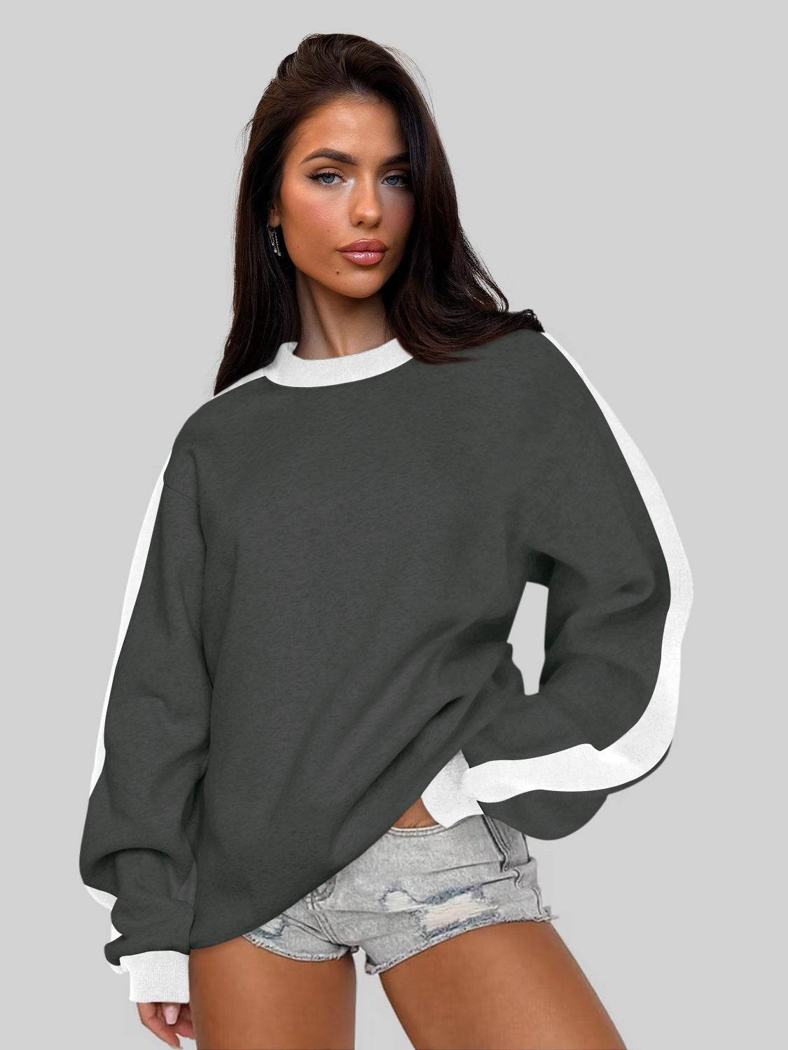 Women's Contrast Color Round Neck Loose Sweater Long-sleeved Top - MYLUXURY LANE ENTERPRISE