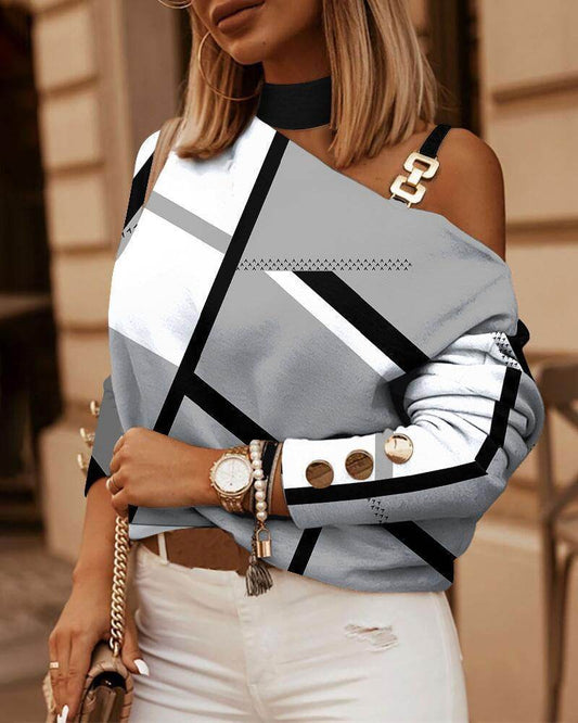 Long Sleeved Chain Neckline Printed Button Decoration Top - MYLUXURY LANE ENTERPRISE