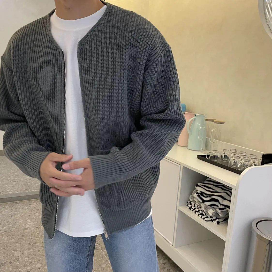 Men Zip Up Knitted Cardigan Lined Funnel Neck Jumper Sweater Pockets Coat All Seasons Comfortable Soft Long Sleeve - MYLUXURY LANE ENTERPRISE
