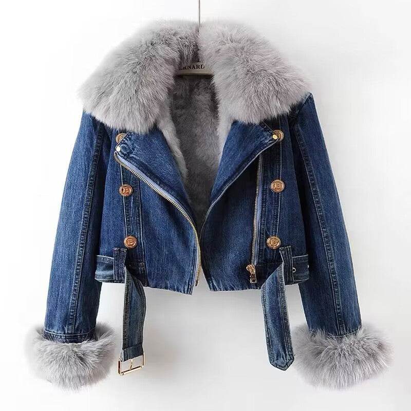 Detachable Fox Fur Rabbit Fur Liner Denim Coat - MYLUXURY LANE ENTERPRISE