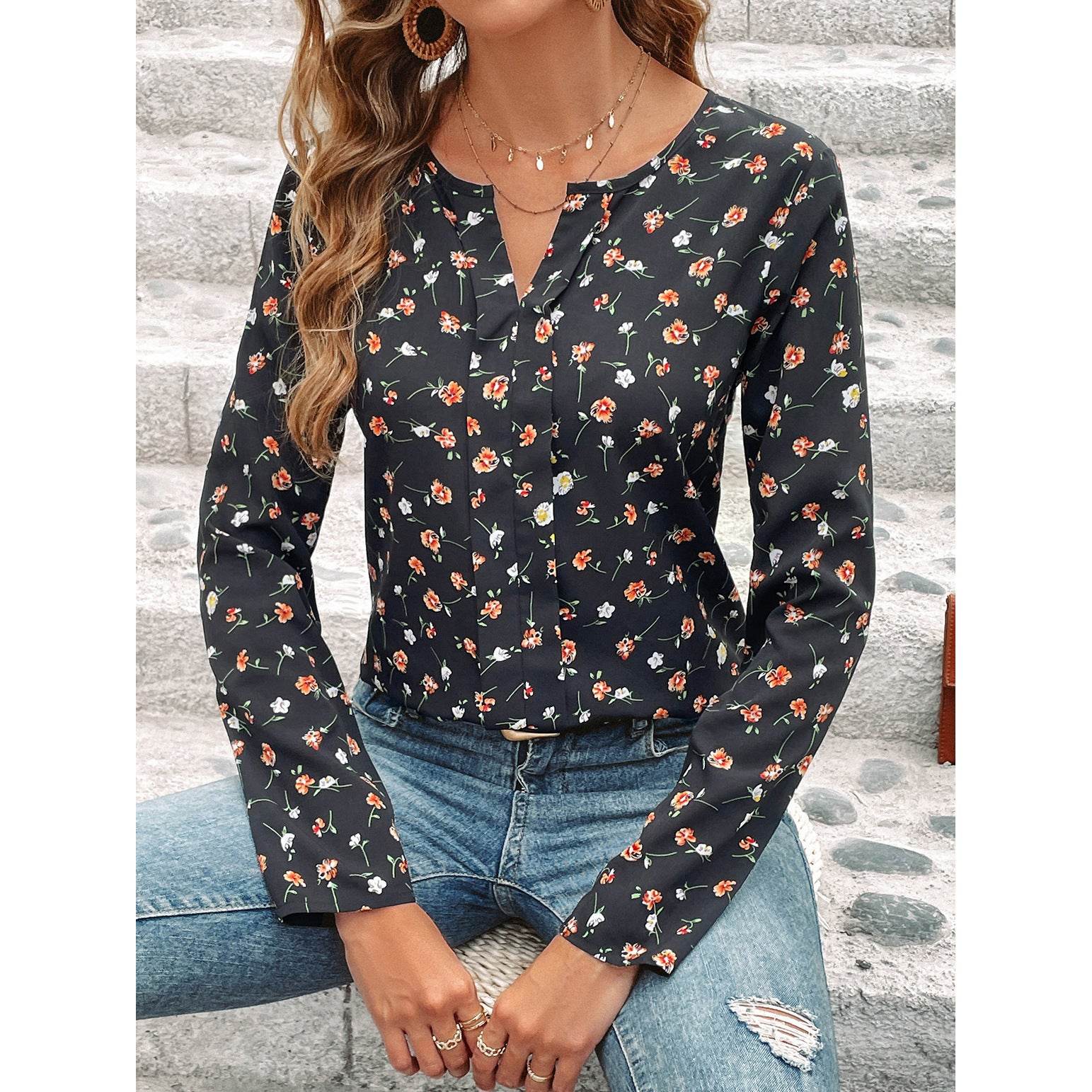 Women's Round-neck Floral Print Long Sleeve Top - MYLUXURY LANE ENTERPRISE