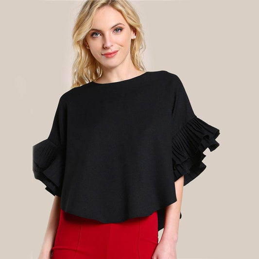 Ladies T-shirt Round Neck Lotus Leaf Double Layer Bell Sleeve Short Chic Top - MYLUXURY LANE ENTERPRISE