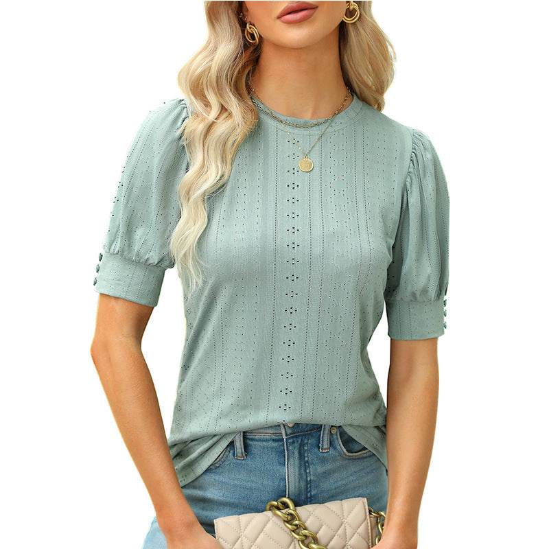Summer Round Neck Hole Hollow-out Button Short-sleeved Casual Top - MYLUXURY LANE ENTERPRISE