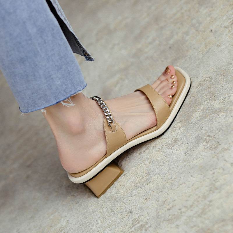Summer Leather One-word Sandals And Slippers Women's Mid-heel Fashion Outer Wear New Beige Thick-heel Fairy Style Sandals - MYLUXURY LANE ENTERPRISE