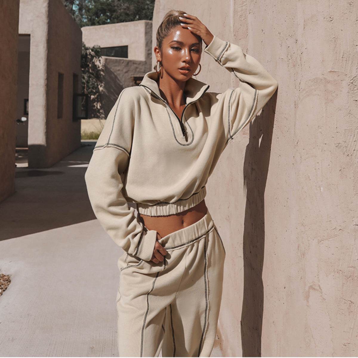 Long Sleeve Turtleneck Sweatshirt Stand Up Zipper Short Top With Loose Straight Leg Pants Women's Clothing - MYLUXURY LANE ENTERPRISE