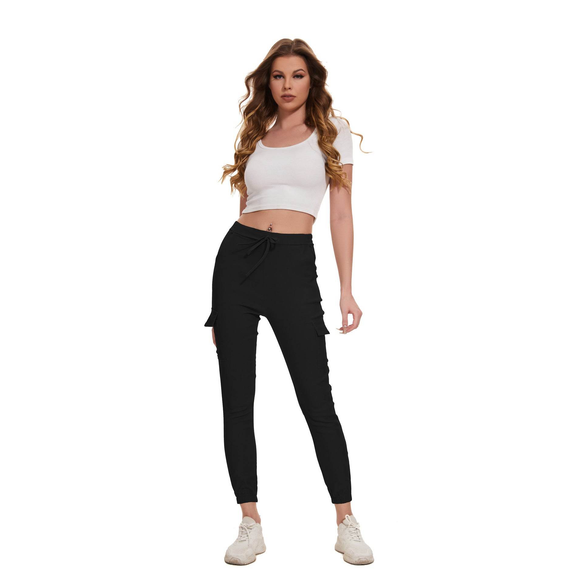 Multi-pocket Work Elegant Casual Elastic Waist Lace Up Pants - MYLUXURY LANE ENTERPRISE