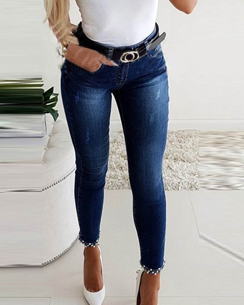 Slim Jeans Women Butterfly Sticky Flower Beaded Split Trousers - MYLUXURY LANE ENTERPRISE