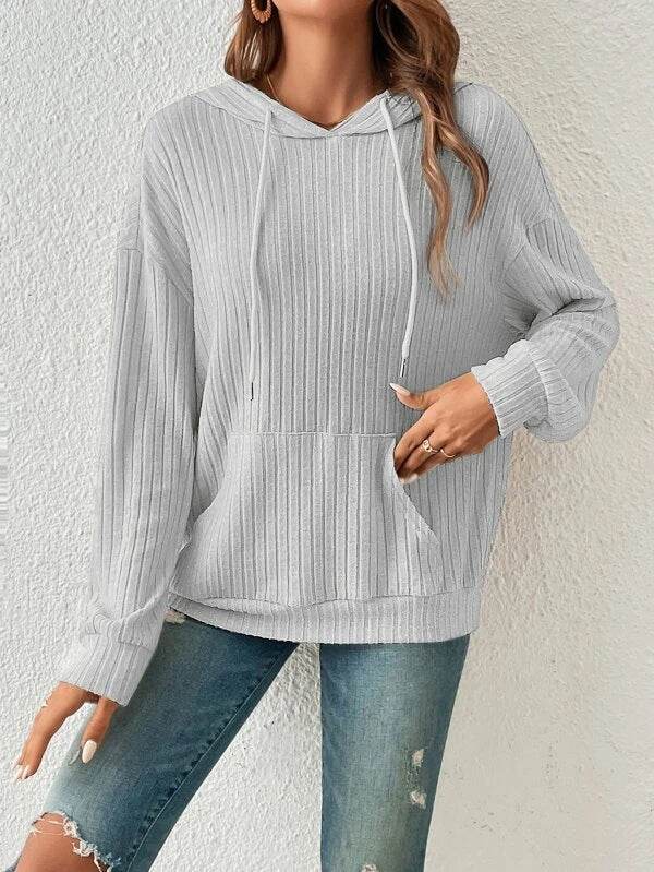 Fashion Drawstring Long-sleeved Hooded Sweatshirt With Pockets Solid Sunken Stripe Hoodie Knitwear Womens Clothing - MYLUXURY LANE ENTERPRISE