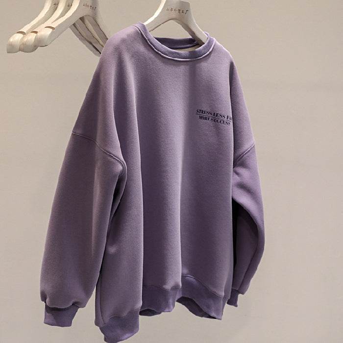 Fleece-lined Thick Lazy Round Neck Loose Sweatshirt Women - MYLUXURY LANE ENTERPRISE