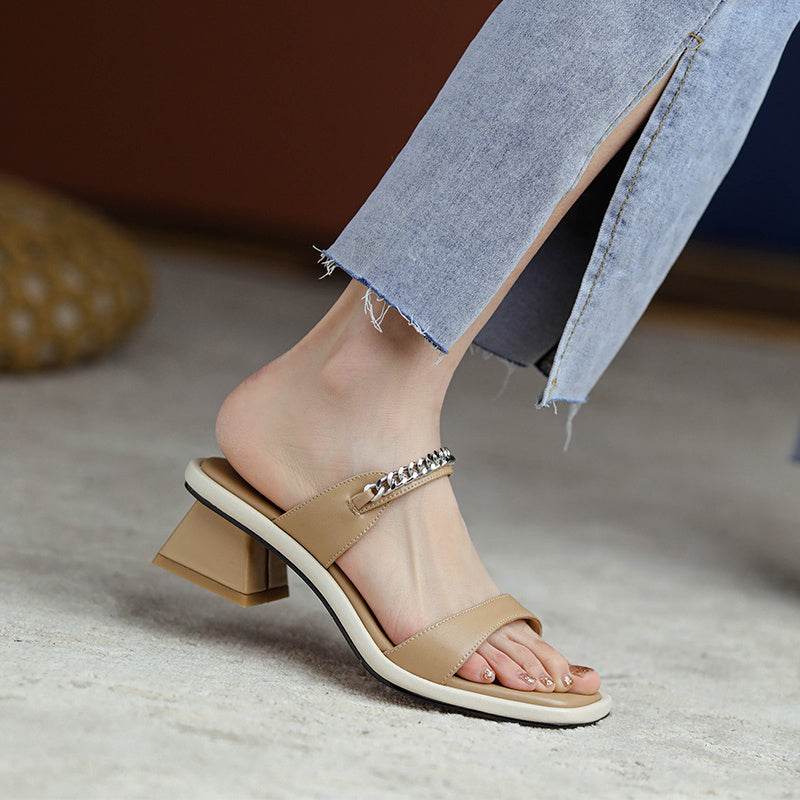 Summer Leather One-word Sandals And Slippers Women's Mid-heel Fashion Outer Wear New Beige Thick-heel Fairy Style Sandals - MYLUXURY LANE ENTERPRISE
