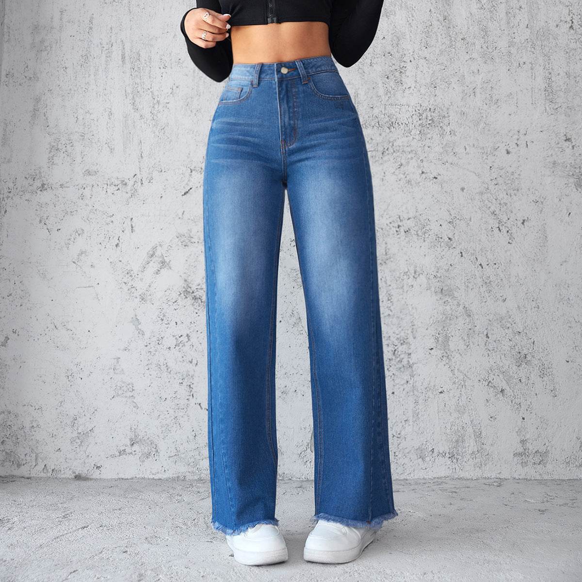 Fashion Straight Wide-leg Jeans Casual High-waist Non-elastic Womens Clothing - MYLUXURY LANE ENTERPRISE