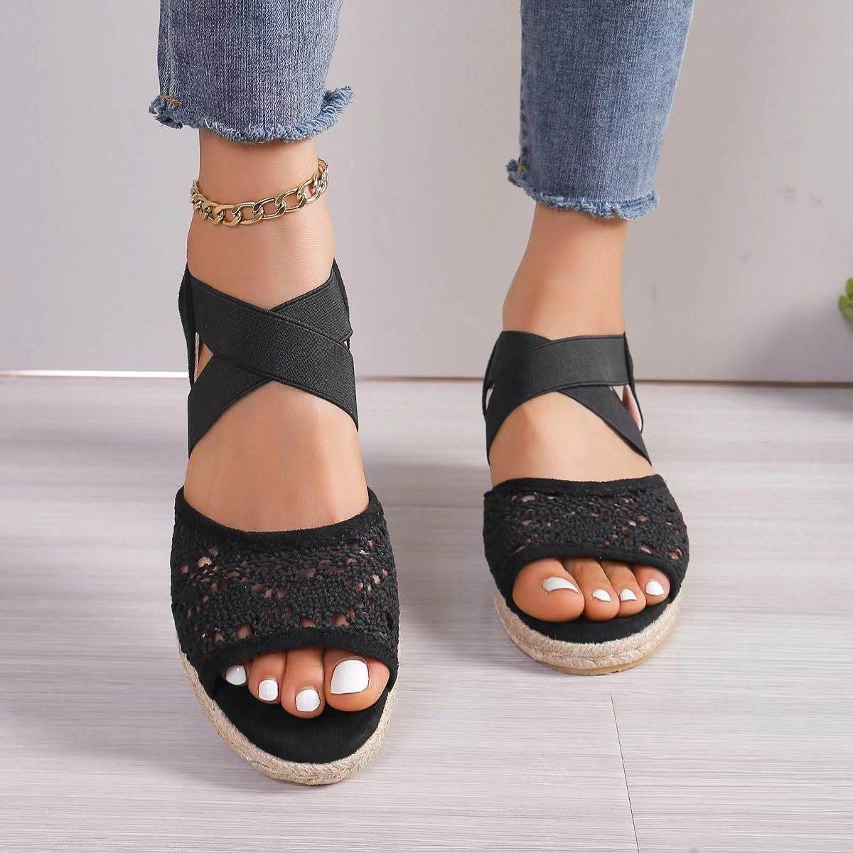 Lace Hollow Sandals Summer Fashion Hemp Wedges Shoes Women - MYLUXURY LANE ENTERPRISE