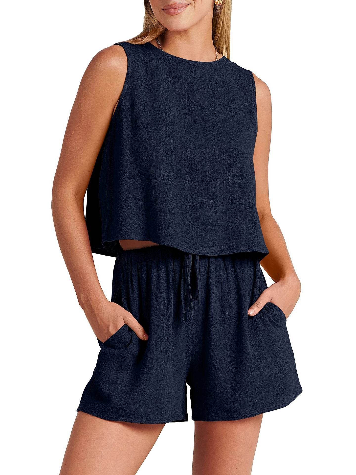 Women's Casual Sleeveless Loose Cotton Linen Shorts Two-piece Suit - MYLUXURY LANE ENTERPRISE