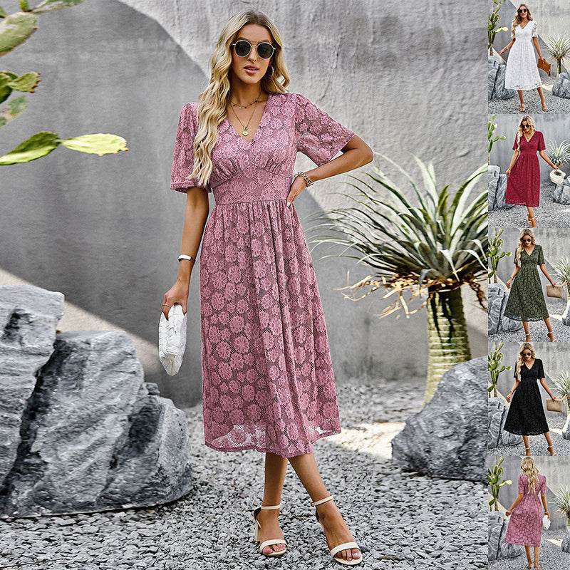 Fashion V-neck Lace Dress Summer Elegant Short Sleeve Long Dresses For Women - MYLUXURY LANE ENTERPRISE