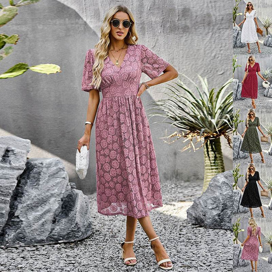 Fashion V-neck Lace Dress Summer Elegant Short Sleeve Long Dresses For Women - MYLUXURY LANE ENTERPRISE