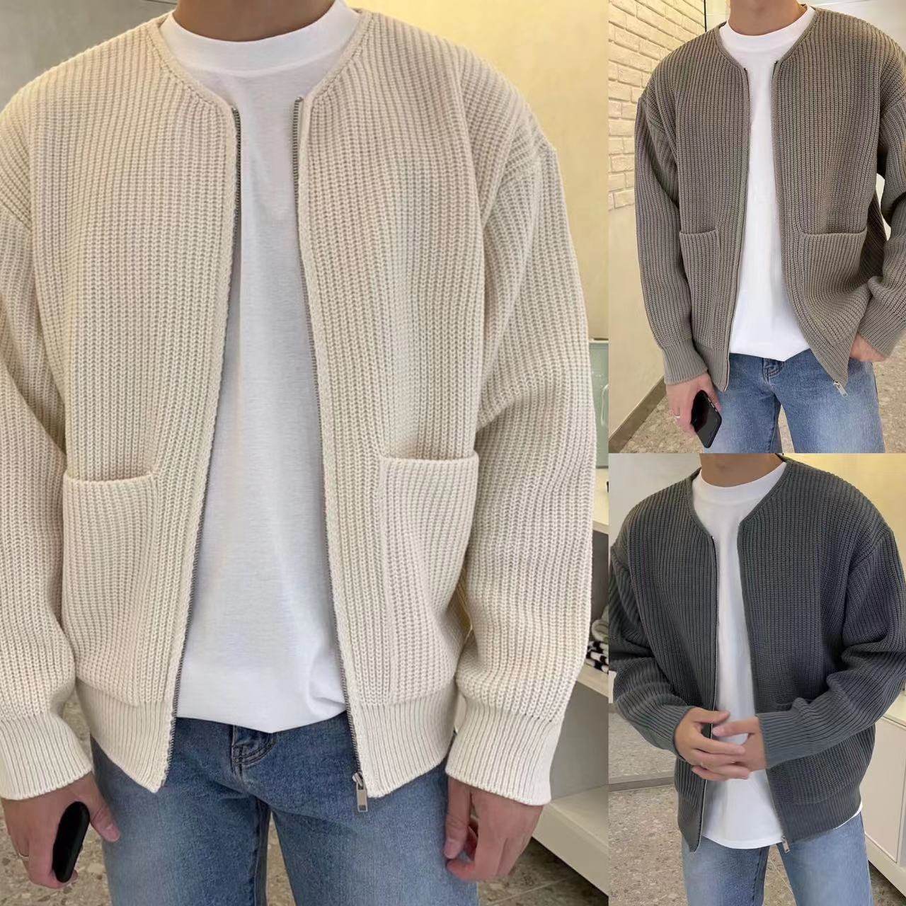 Men Zip Up Knitted Cardigan Lined Funnel Neck Jumper Sweater Pockets Coat All Seasons Comfortable Soft Long Sleeve - MYLUXURY LANE ENTERPRISE