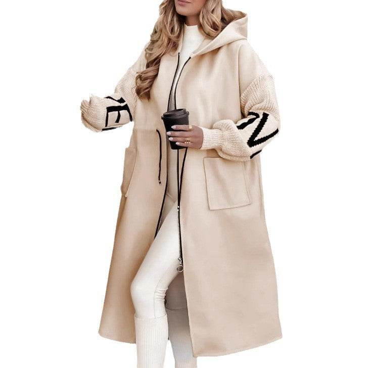 Hooded Windbreaker Long Jacket With Pockets And Drawstring Design Solid Color Knit-Sleeved Trench Coat For Women Clothing Fall Winter - MYLUXURY LANE ENTERPRISE