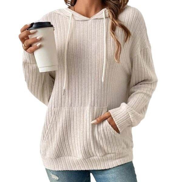 Fashion Drawstring Long-sleeved Hooded Sweatshirt With Pockets Solid Sunken Stripe Hoodie Knitwear Womens Clothing - MYLUXURY LANE ENTERPRISE