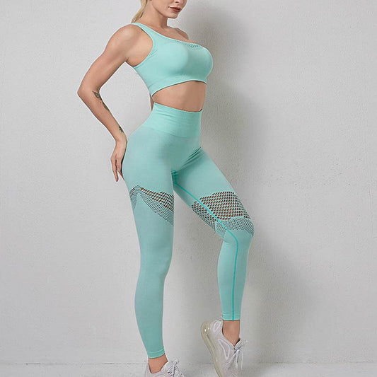 Gathered single shoulder sports bra bra mesh high waist hip yoga pants - MYLUXURY LANE ENTERPRISE