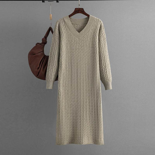 Knitting Dress V-neck Twist Bottoming Sweater Skirt Slit In The Back - MYLUXURY LANE ENTERPRISE