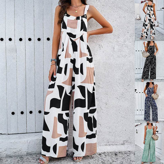 Fashion Print Square Neck Jumpsuit With Pockets Spring Summer Casual Loose Overalls Womens Clothing - MYLUXURY LANE ENTERPRISE