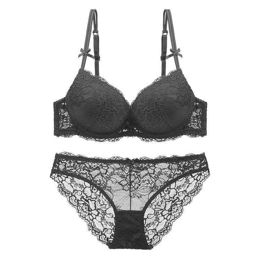 Lace Top Thin Bottom Thick Sponge Cup Push Up Bra Set - MYLUXURY LANE ENTERPRISE