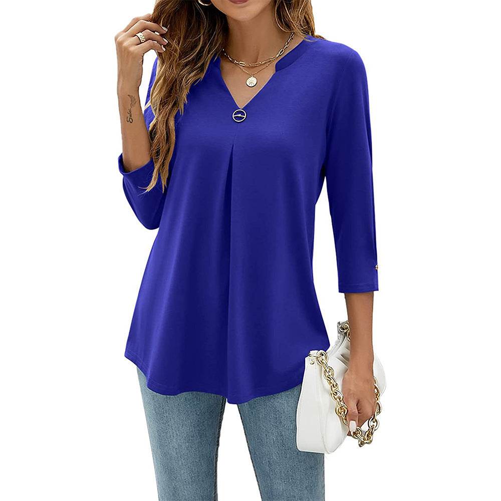 Women's V-neck Clinch Pleated T-shirt Top - MYLUXURY LANE ENTERPRISE
