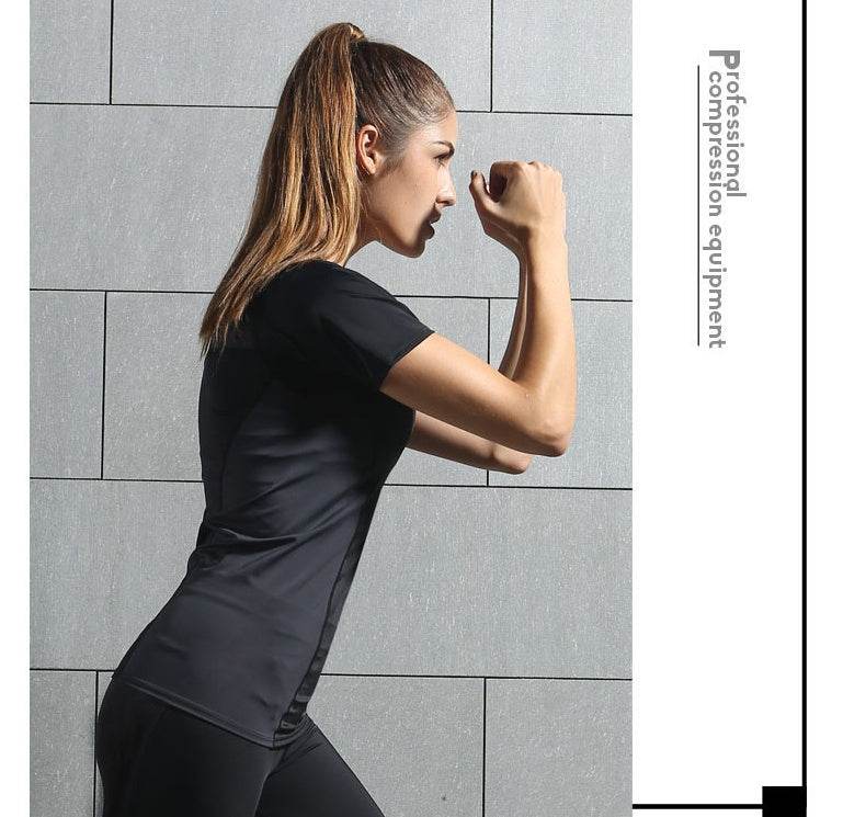 Compression sports tights short-sleeved women's stretch yoga clothes running quick-drying T-shirt training fitness clothing female slim suit - MYLUXURY LANE ENTERPRISE