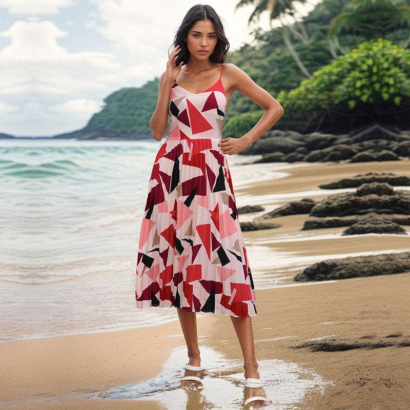 Camisole Vacation A- Line Midi Dress Geometric Print - MYLUXURY LANE ENTERPRISE
