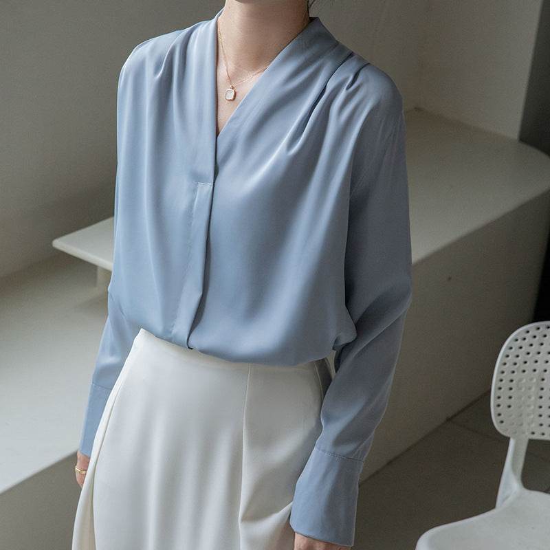Korean Style Versatile V-neck Long Sleeve Satin Blouse Women's Tops - MYLUXURY LANE ENTERPRISE