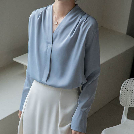 Korean Style Versatile V-neck Long Sleeve Satin Blouse Women's Tops - MYLUXURY LANE ENTERPRISE
