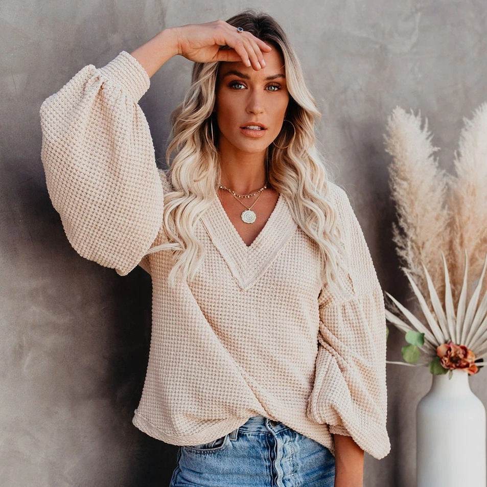 Fashion loose V-neck T-shirt Lantern Sleeve Top - MYLUXURY LANE ENTERPRISE