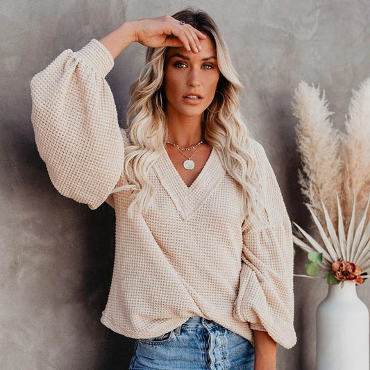 Fashion loose V-neck T-shirt Lantern Sleeve Top - MYLUXURY LANE ENTERPRISE
