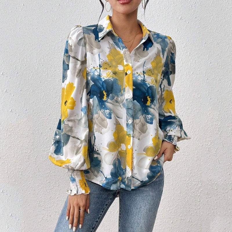 European And American Lapel Print Smocking Long Sleeve Button Loose Casual Women's Shirt - MYLUXURY LANE ENTERPRISE