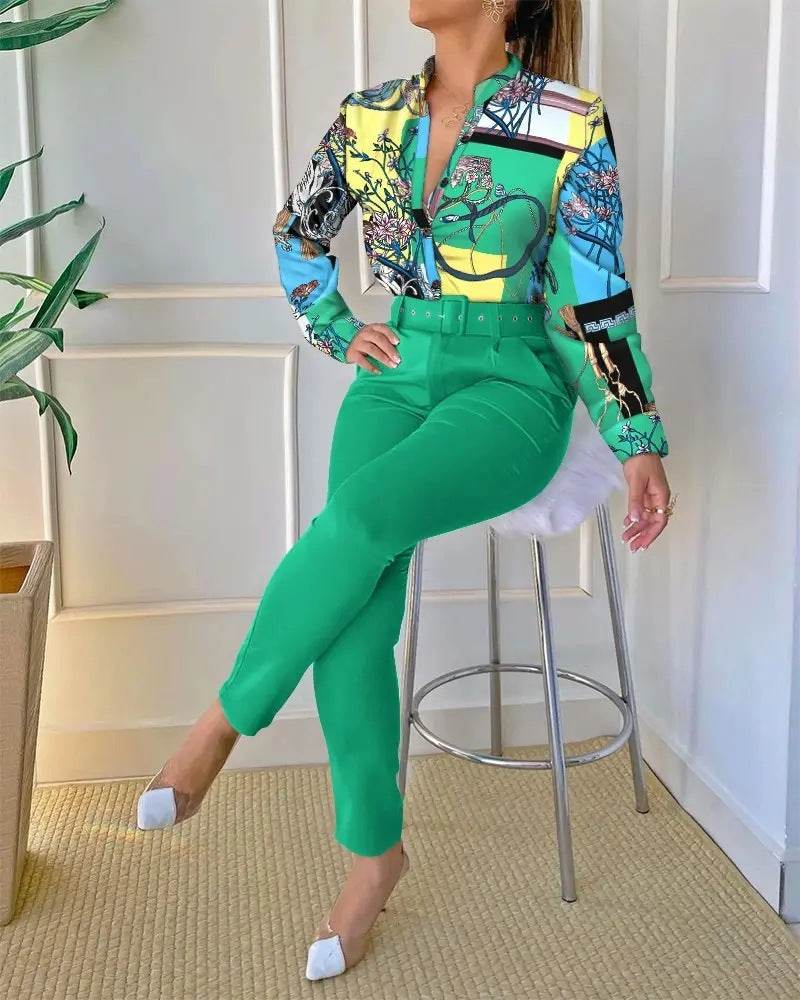 Women's Digital Printing Long-sleeved Shirt With Belt Trousers Suit - MYLUXURY LANE ENTERPRISE