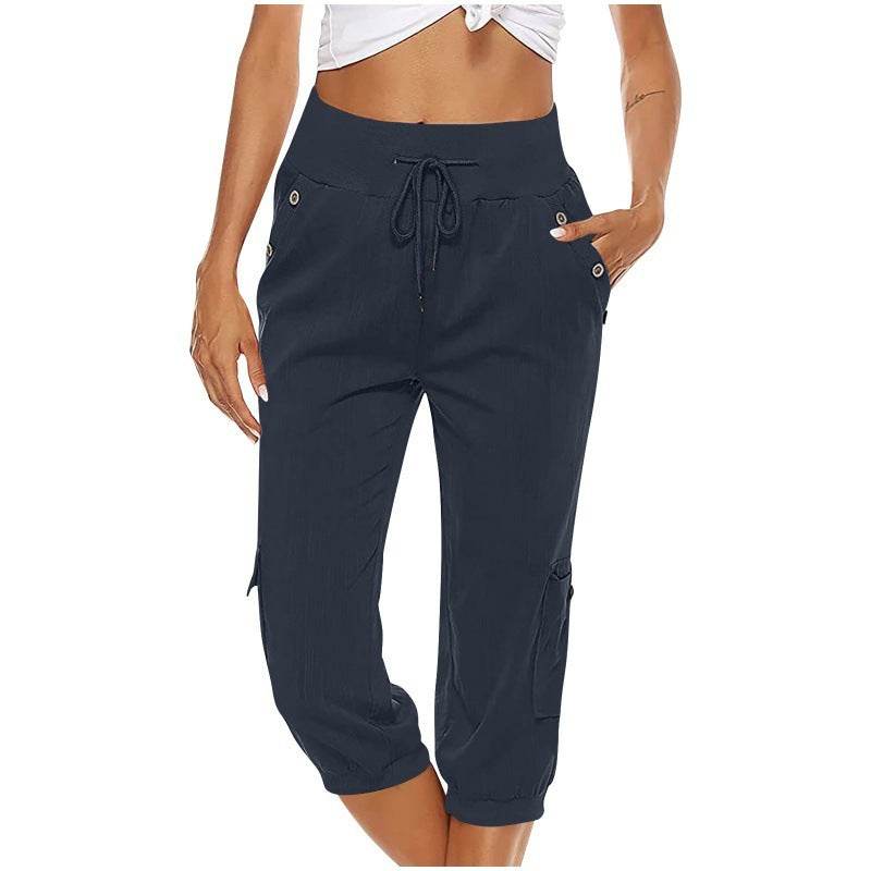 Women's Cropped Pants Cotton Linen Cargo Pocket Casual Pants - MYLUXURY LANE ENTERPRISE