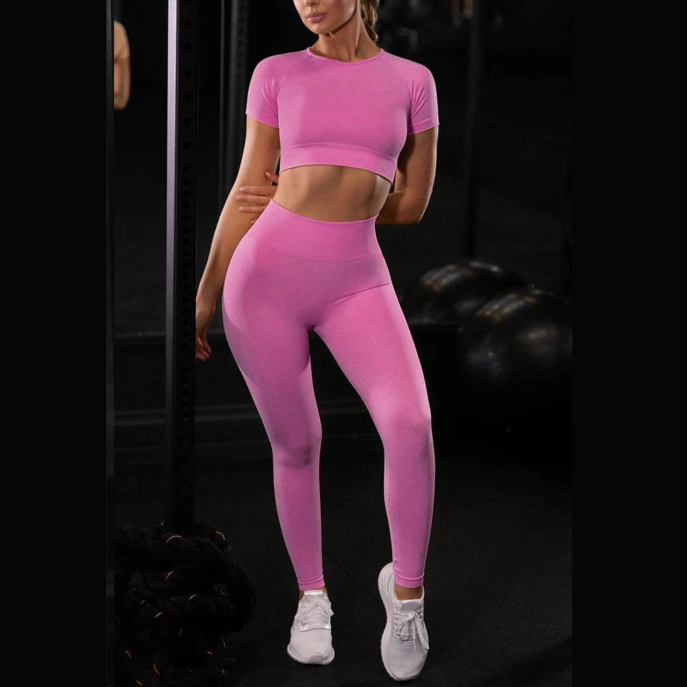 Seamless Yoga Sport Set Fitness Women Running Leggings Short Sleeve Tops - MYLUXURY LANE ENTERPRISE