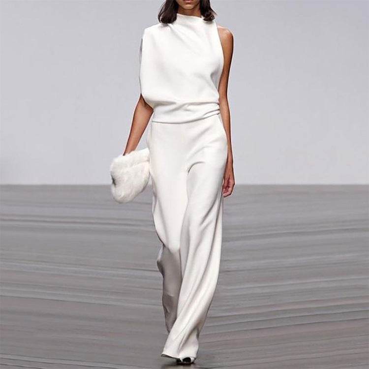 Solid Color One-Shoulder Pile Collar Jumpsuit - MYLUXURY LANE ENTERPRISE