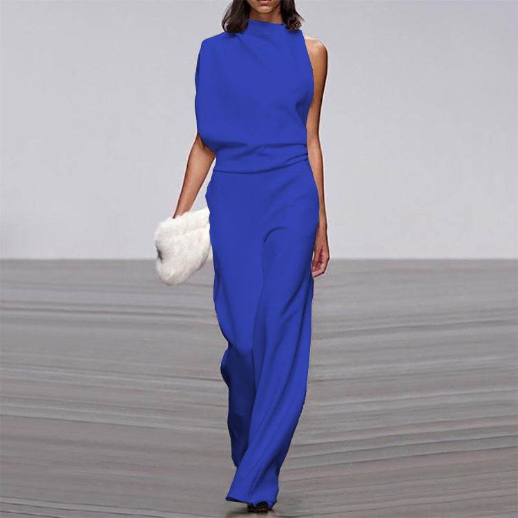 Solid Color One-Shoulder Pile Collar Jumpsuit - MYLUXURY LANE ENTERPRISE