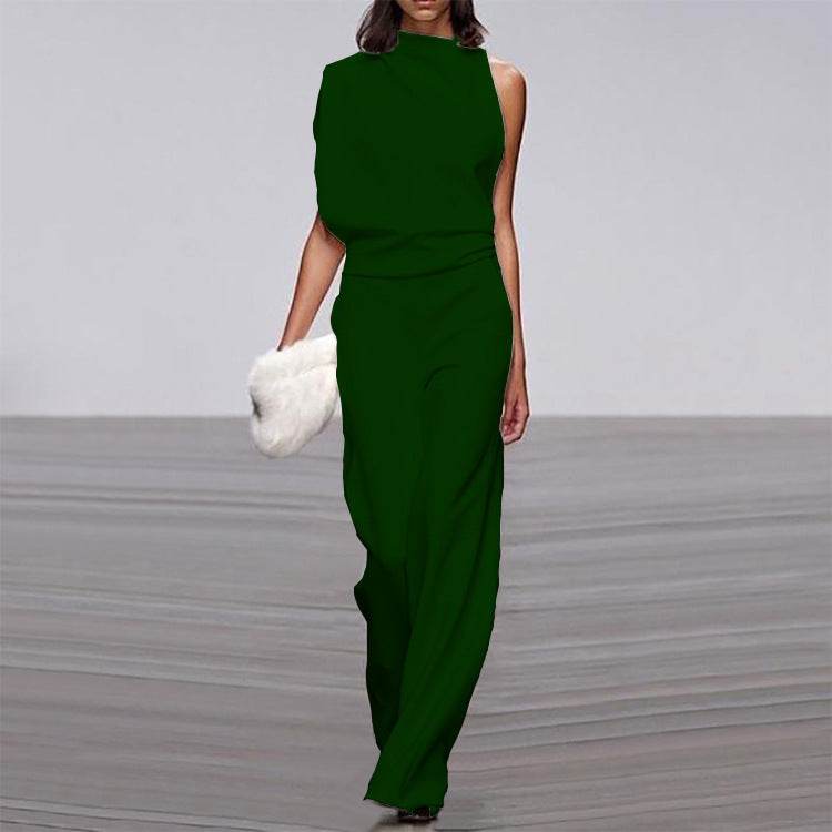 Solid Color One-Shoulder Pile Collar Jumpsuit - MYLUXURY LANE ENTERPRISE
