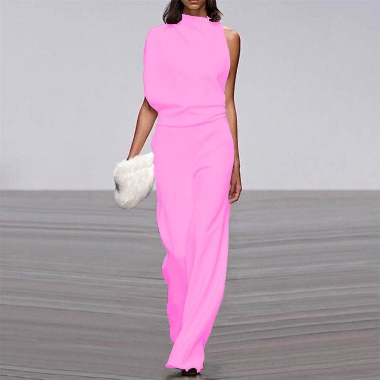 Solid Color One-Shoulder Pile Collar Jumpsuit - MYLUXURY LANE ENTERPRISE