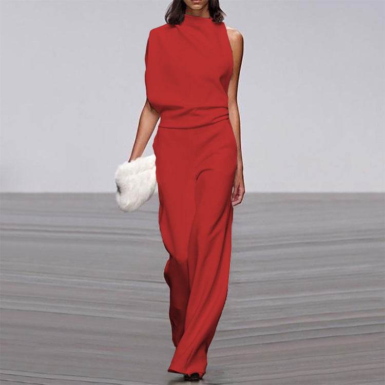 Solid Color One-Shoulder Pile Collar Jumpsuit - MYLUXURY LANE ENTERPRISE