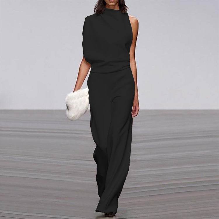 Solid Color One-Shoulder Pile Collar Jumpsuit - MYLUXURY LANE ENTERPRISE